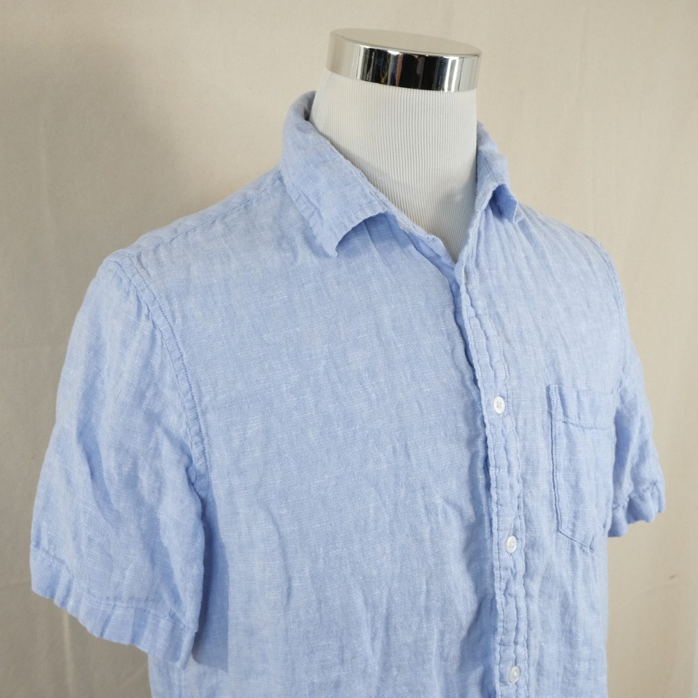 Thom Aaron Large European Linen Button Front Shirt Blue Short Sleeve Mens